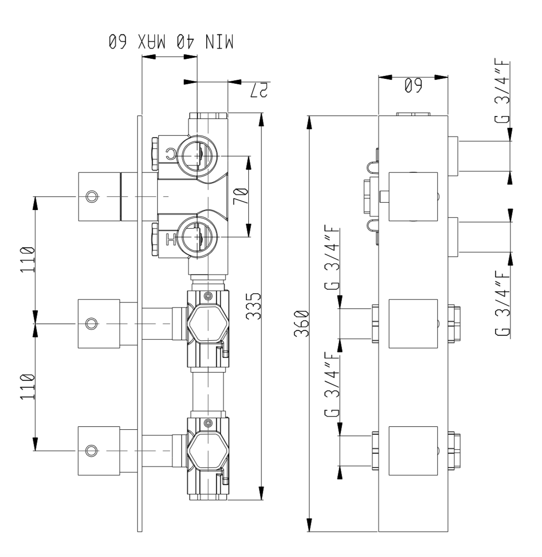 Inbouw thermostaat met 3 stopkranen (regendouche/waterval/handdouche) - Afbeelding 2